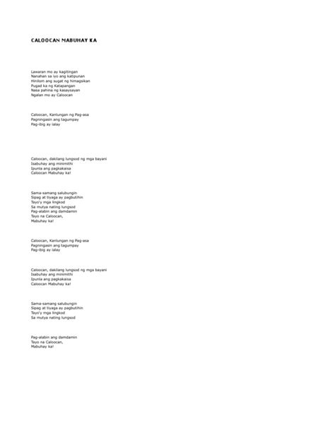 (PDF) Caloocan Mabuhay Ka Lyrics .
